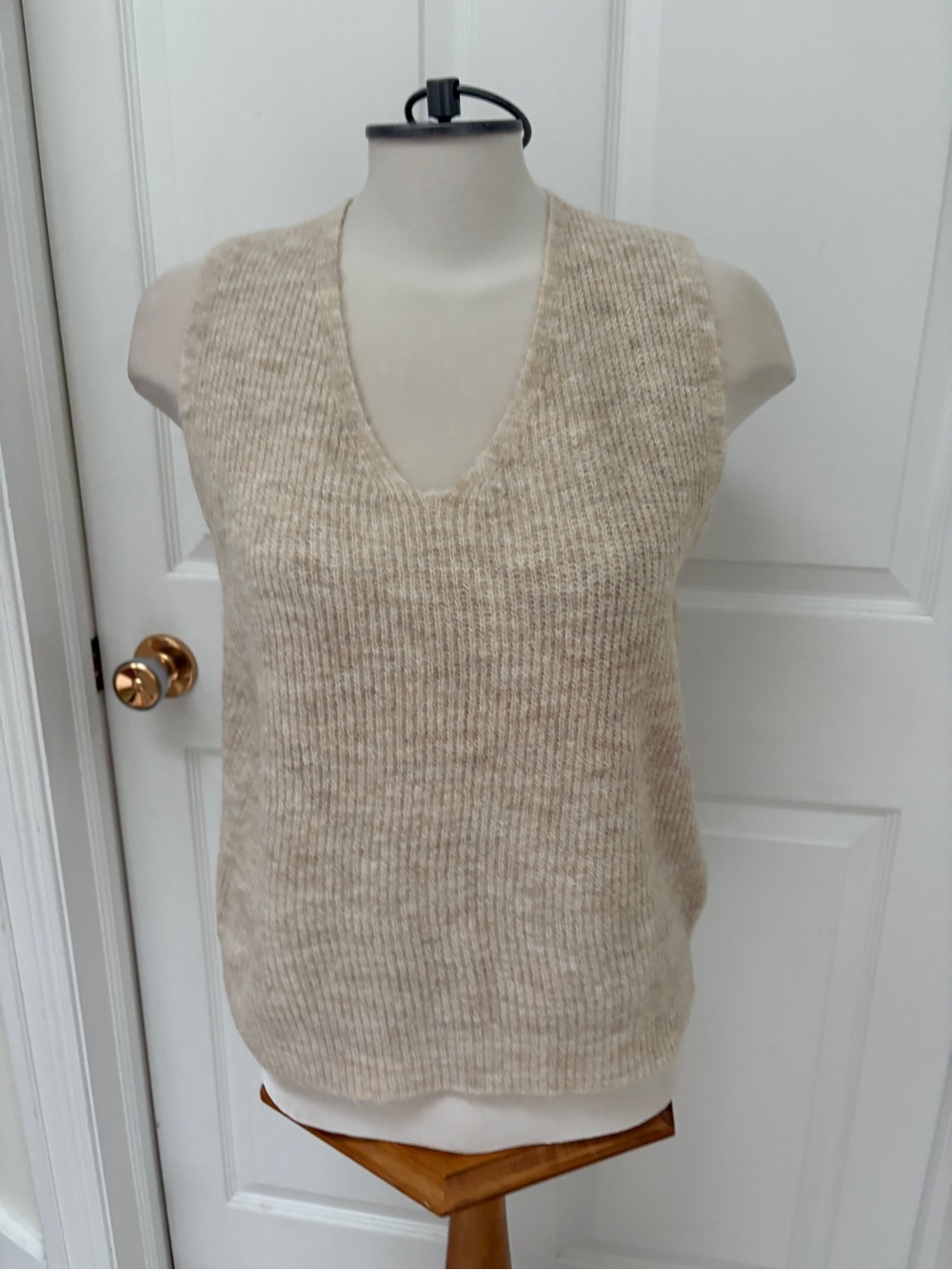 Sleeveless V-Neck Knit Sweater Vest in Beige